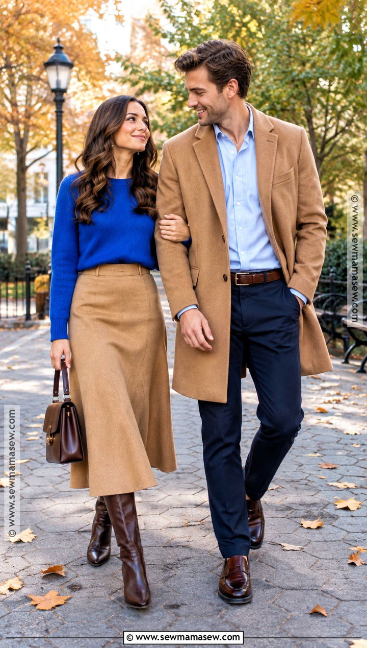 Cobalt Sweater and Camel Coat Fall Couple Outfit - 15 Fall Photos Couples Outfits