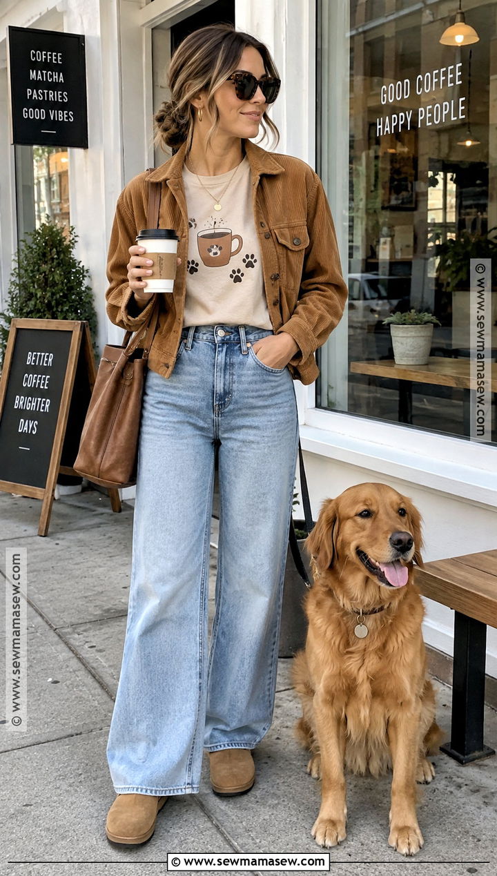 Coffee And Dogs Shirt With Wide Leg Jeans - 15 Fall Dog Mom Shirt Ideas