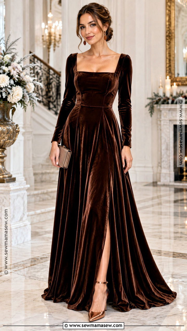 Coffee Brown Velvet Gown - 15 soft autumn formal dress ideas