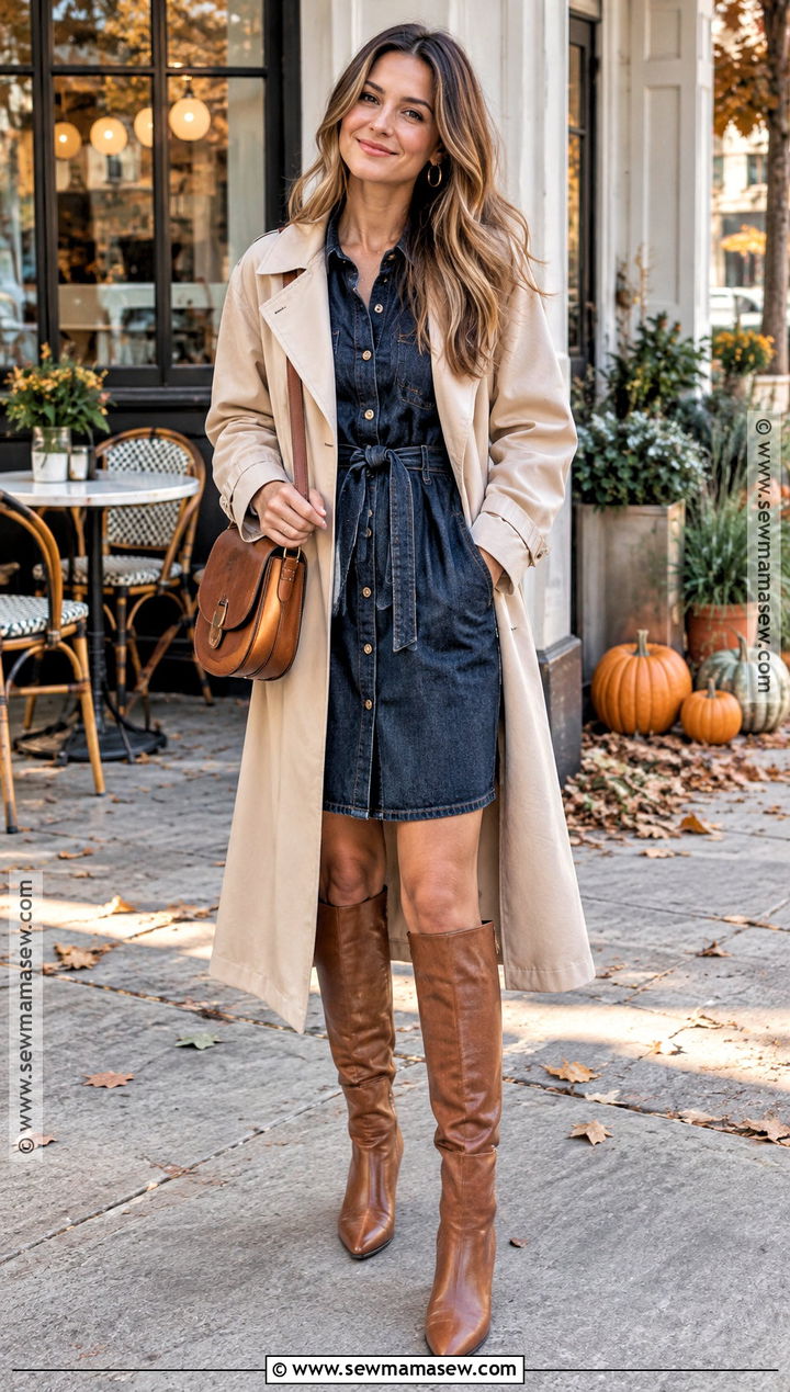 Cognac Knee High Boots With Denim Shirt Dress - 20 fall knee high boots