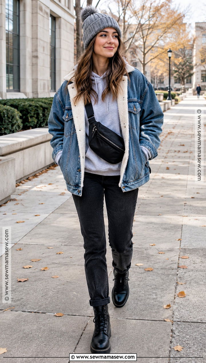 Cold Fall Outfit With Denim Jacket And Hoodie - 25 Cold Fall Outfits
