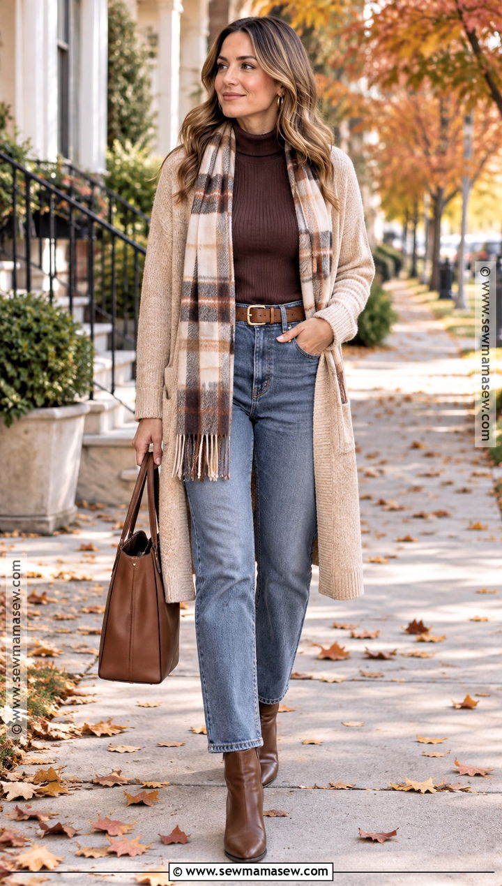 Cold Fall Outfit With Long Cardigan And Relaxed Jeans - 25 Cold Fall Outfits