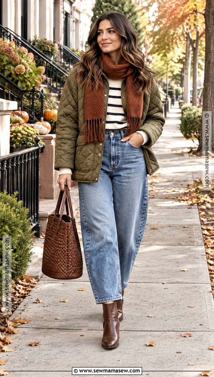 Cold Fall Outfit With Quilted Jacket And Barrel Jeans - 25 Cold Fall Outfits