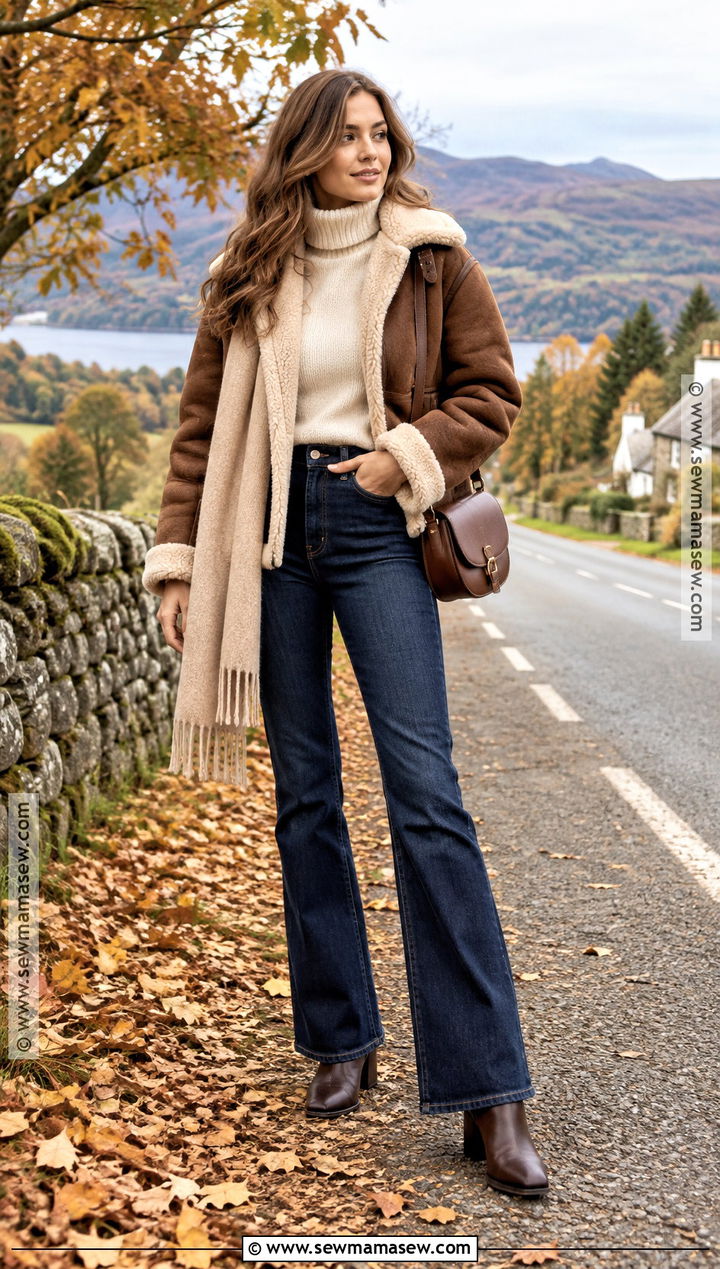 Cold Fall Outfit With Shearling Jacket And Flare Jeans - 25 Cold Fall Outfits