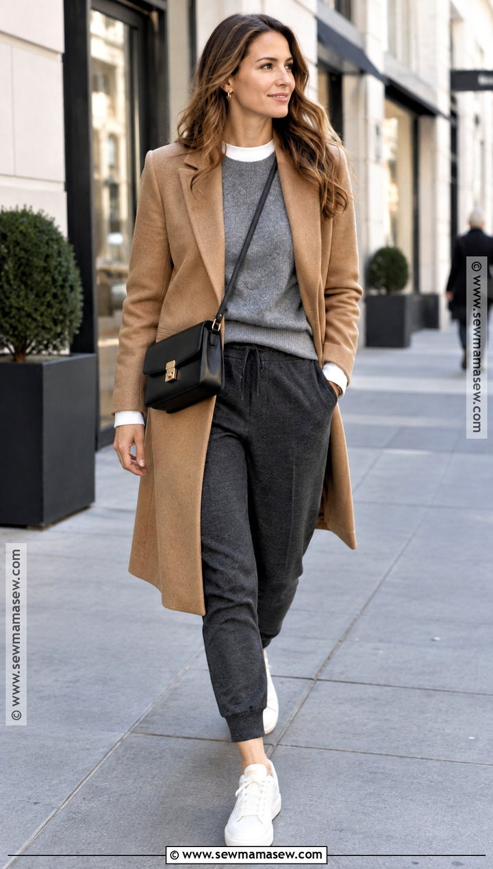Cold Fall Outfit With Wool Coat And Joggers - 25 Cold Fall Outfits