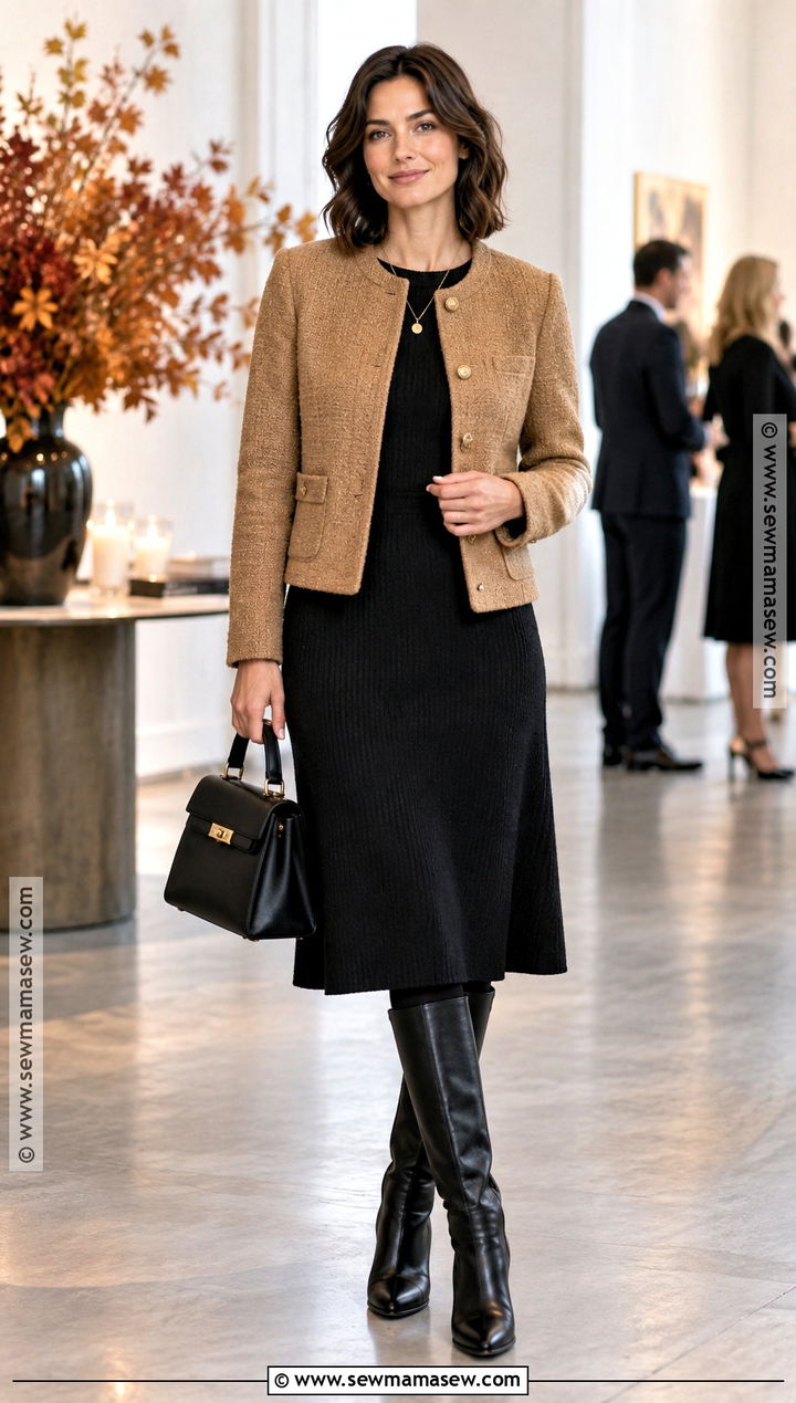 Collarless Jacket With Black Dress Outfit - 30 autumn jacket ideas