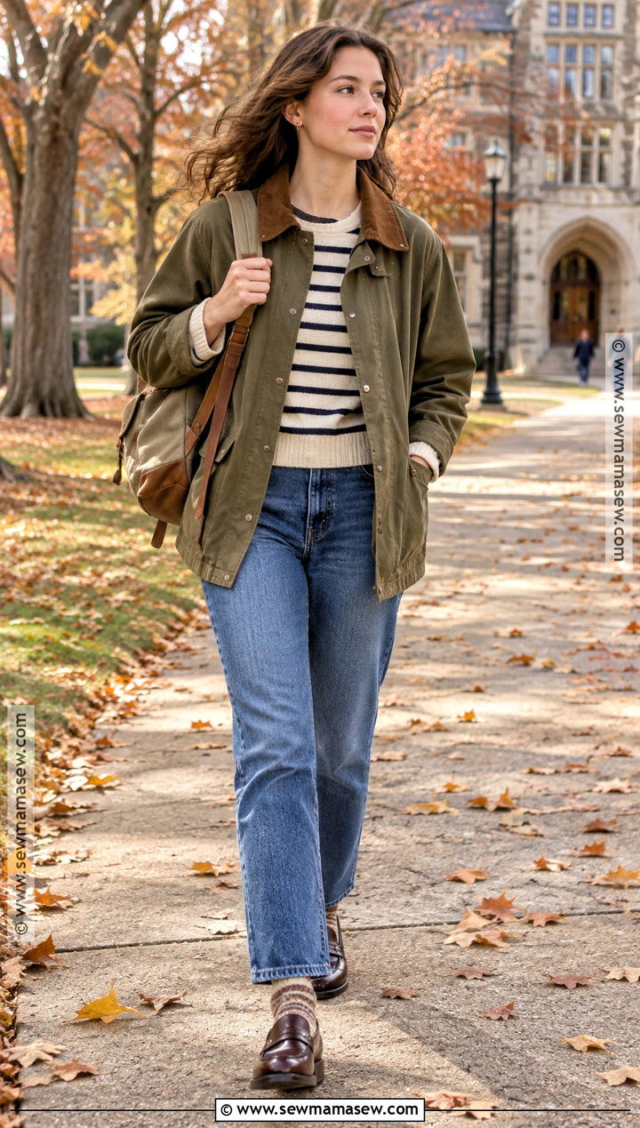 College Barn Jacket And Blue Jeans Outfit - 20 fall school outfits college