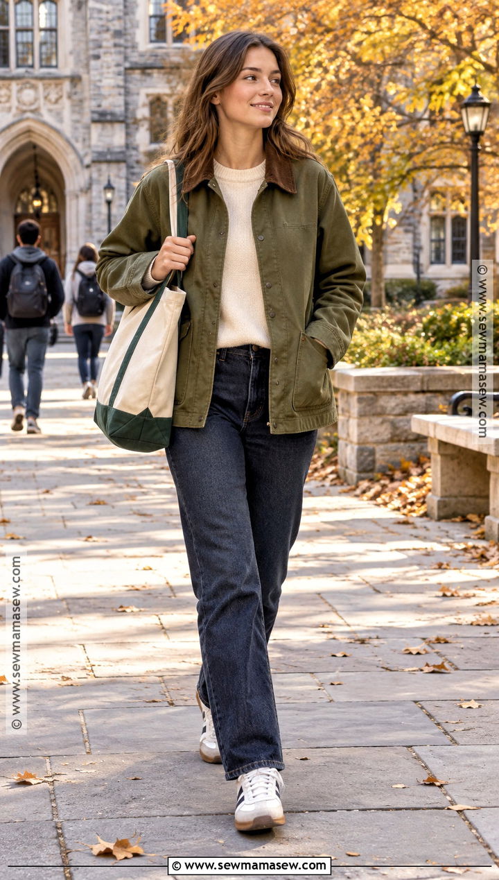 College Barn Jacket And Straight Jeans Outfit - 25 Back To School Outfits College