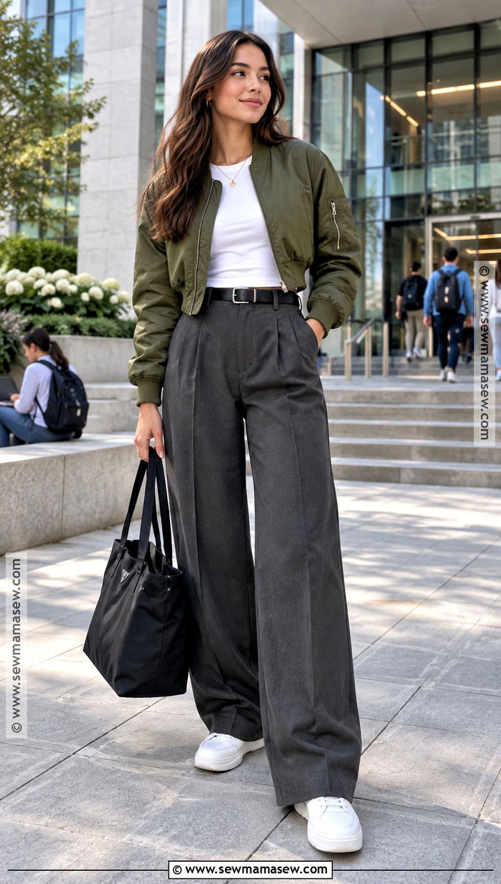 College Bomber Jacket And Wide Leg Trousers Outfit - 20 fall school outfits college