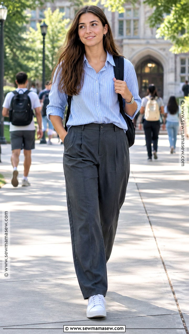College Button Down Shirt And Relaxed Trousers Outfit - 25 Back To School Outfits College