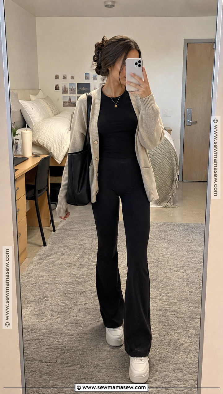 College Cardigan And Flare Leggings Outfit - 25 Back To School Outfits College
