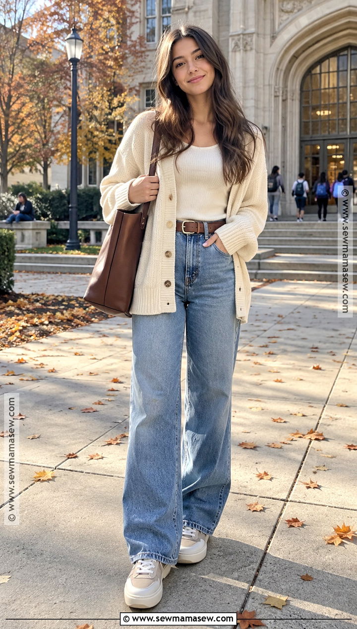College Cardigan And Wide Leg Jeans Outfit - 20 fall school outfits college
