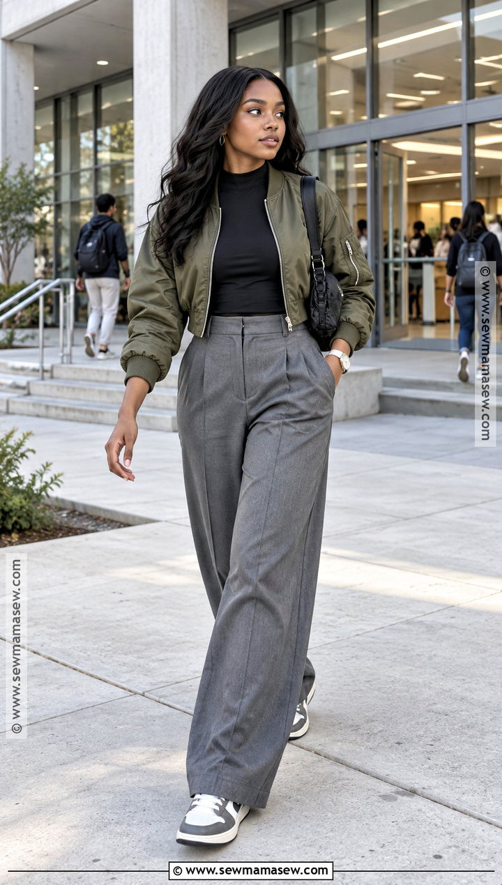 College Fall Outfit With Bomber Jacket And Trousers - 25 Fall Outfits College