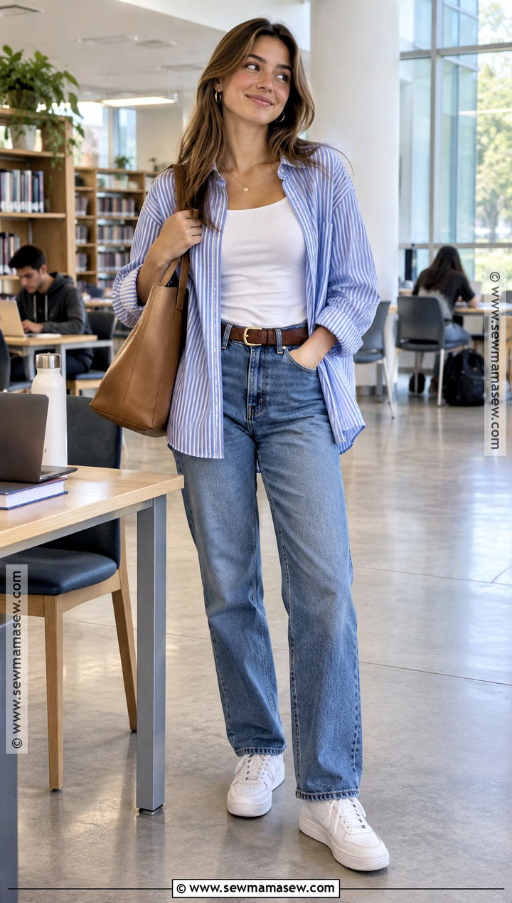 College Fall Outfit With Button Down Shirt And Jeans - 25 Fall Outfits College