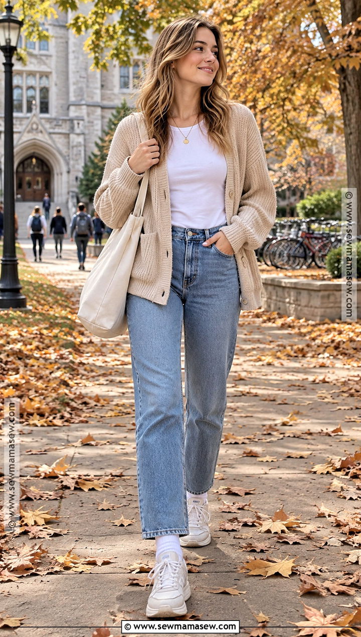 College Fall Outfit With Cardigan And Jeans - 25 Fall Outfits College