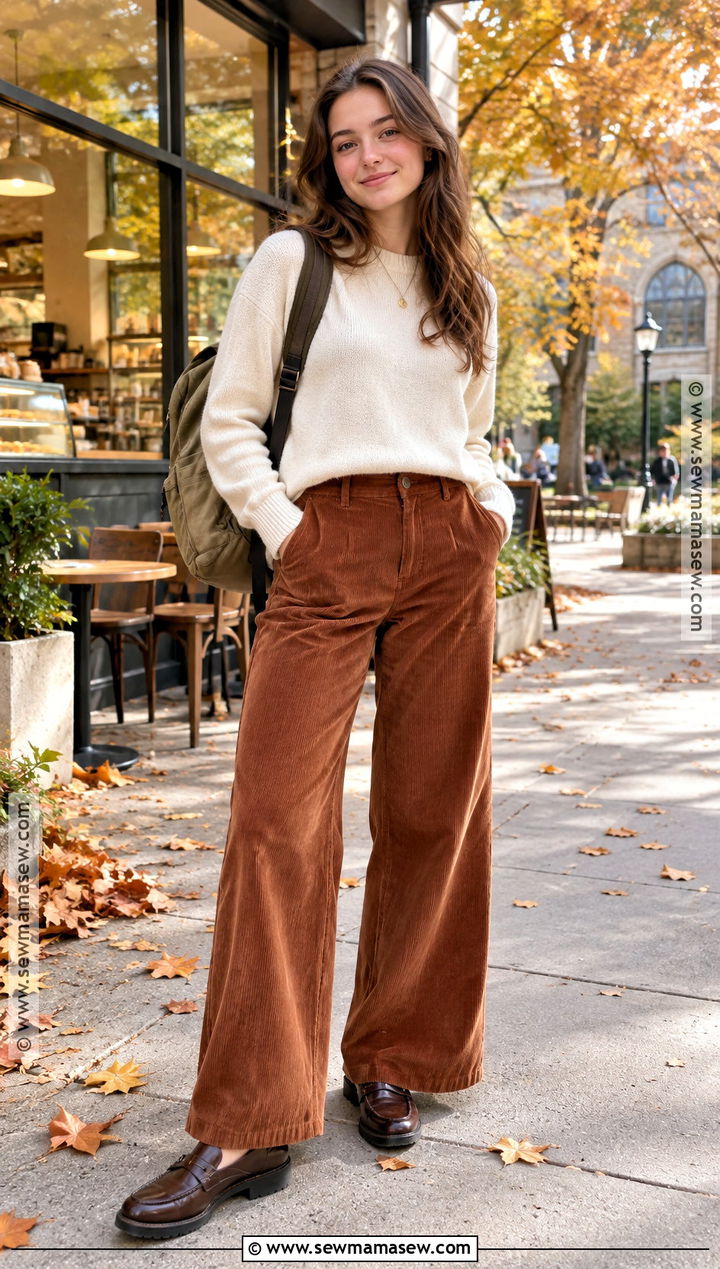 College Fall Outfit With Corduroy Pants And Sweater - 25 Fall Outfits College