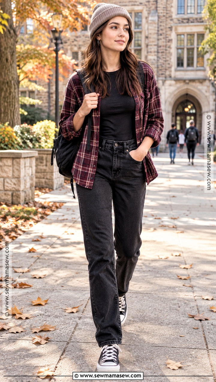 College Fall Outfit With Flannel And Black Jeans - 25 Fall Outfits College