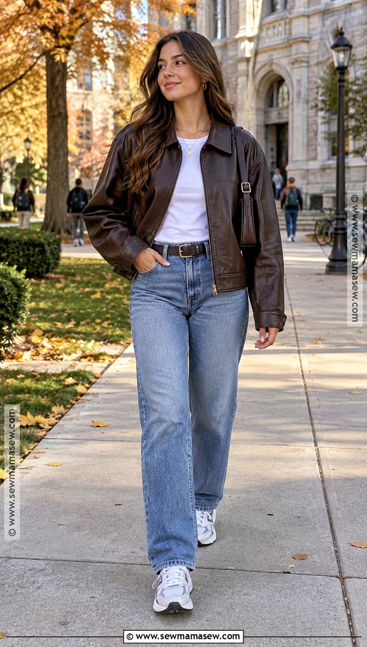 College Fall Outfit With Leather Jacket And Straight Jeans - 25 Fall Outfits College