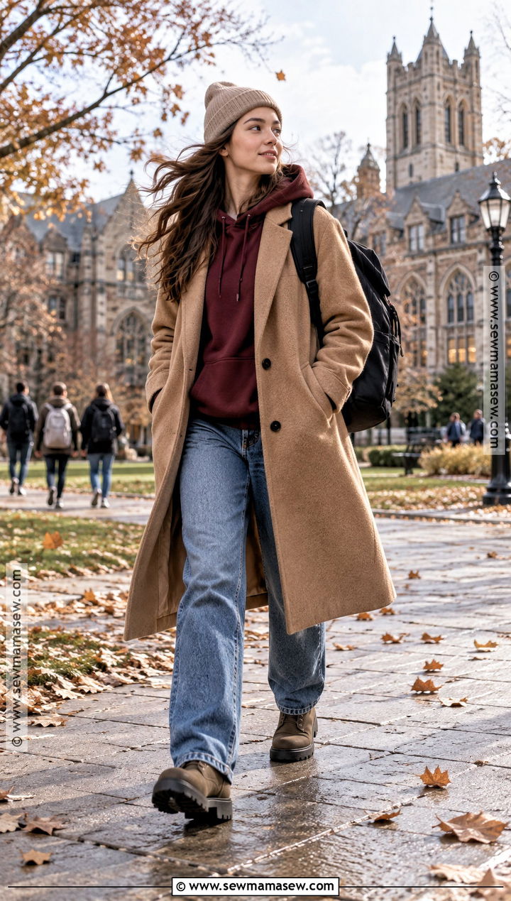 College Fall Outfit With Long Coat And Hoodie - 25 Fall Outfits College