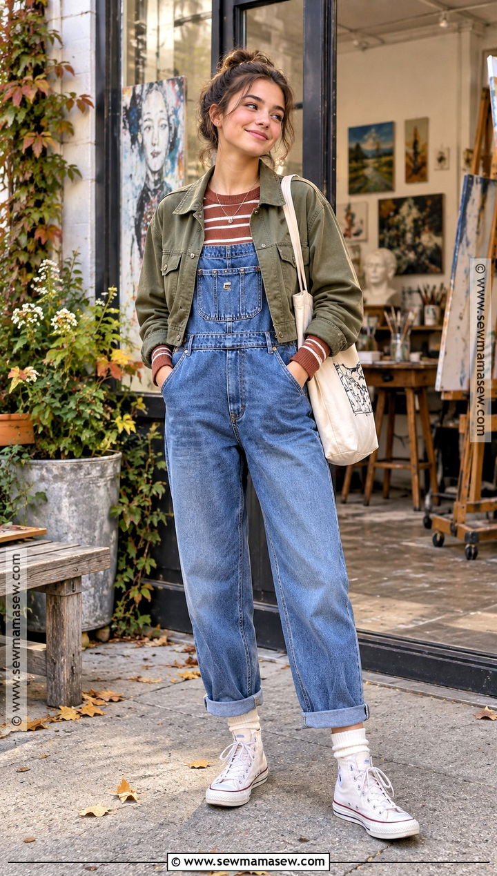 College Fall Outfit With Overalls And Long Sleeve Shirt - 25 Fall Outfits College