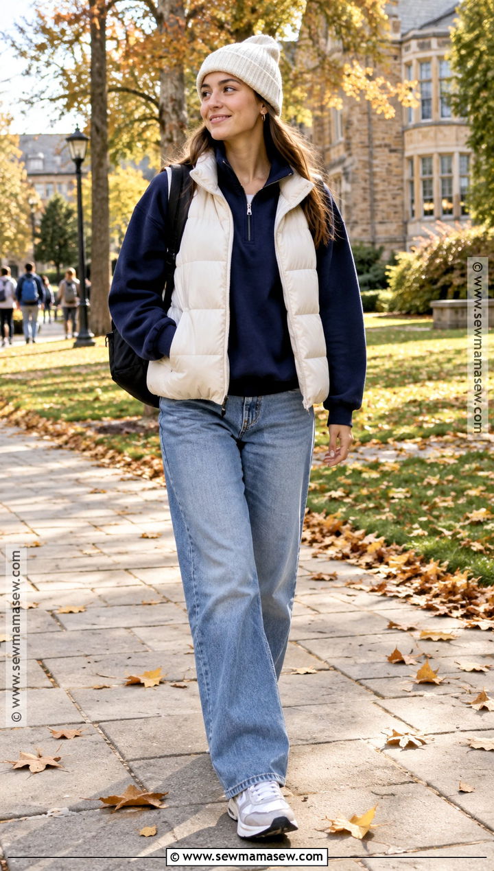 College Fall Outfit With Puffer Vest And Jeans - 25 Fall Outfits College