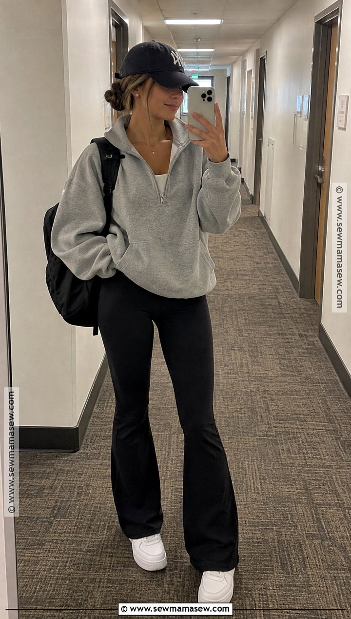 College Fall Outfit With Quarter Zip And Flared Leggings - 25 Fall Outfits College