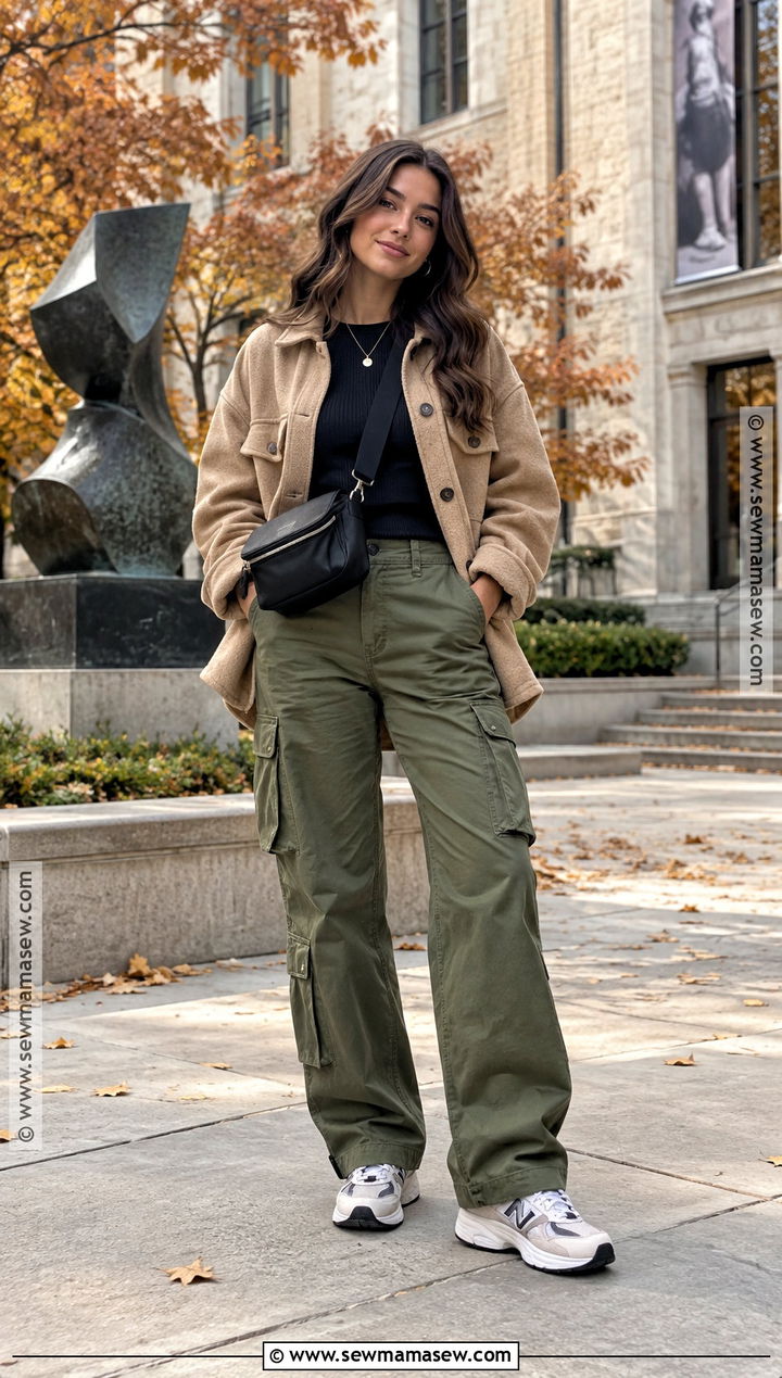 College Fall Outfit With Shacket And Cargo Pants - 25 Fall Outfits College