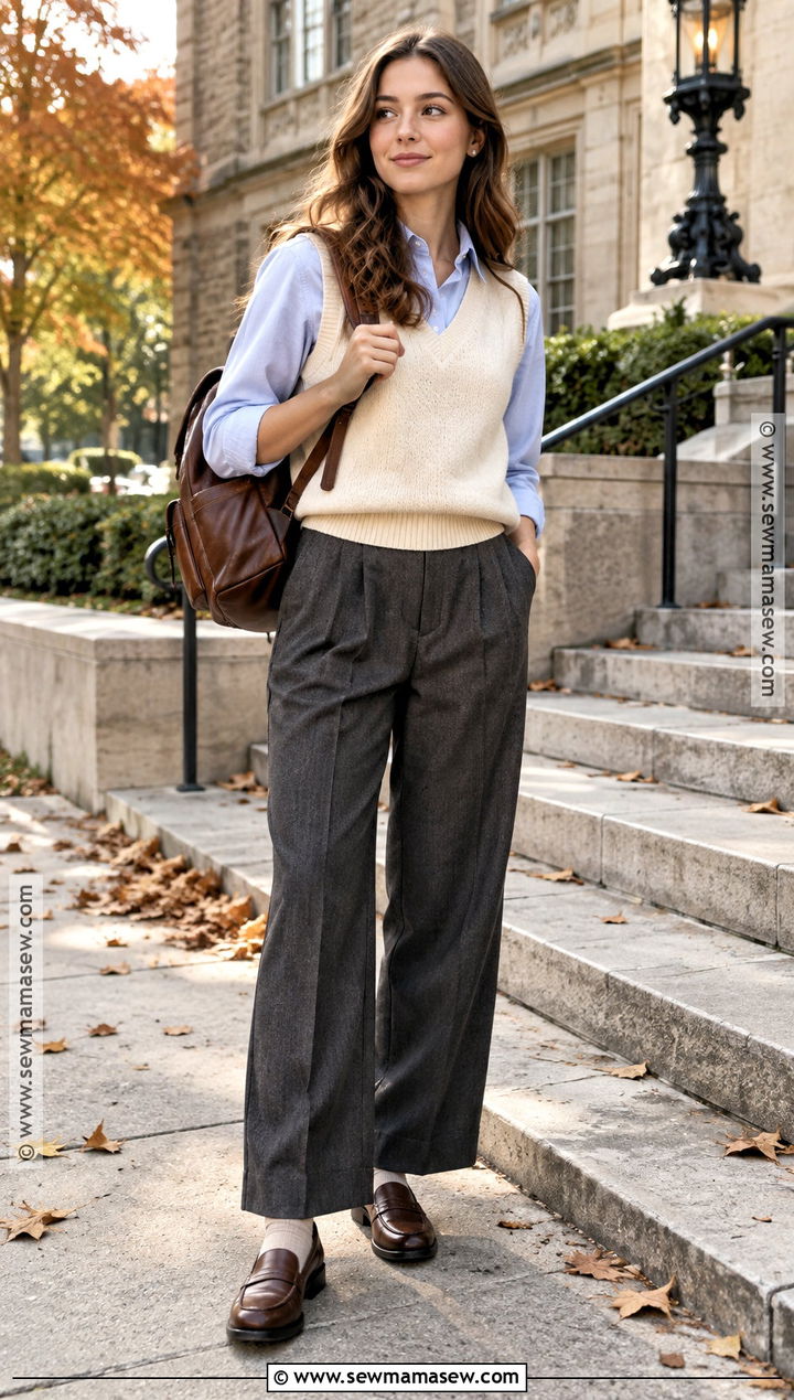 College Fall Outfit With Sweater Vest And Trousers - 25 Fall Outfits College