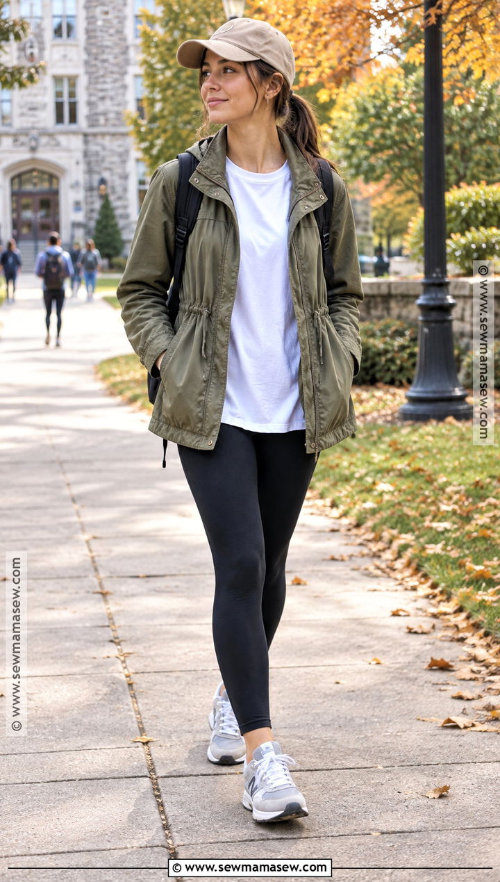 College Fall Outfit With Utility Jacket And Black Leggings - 25 Fall Outfits College