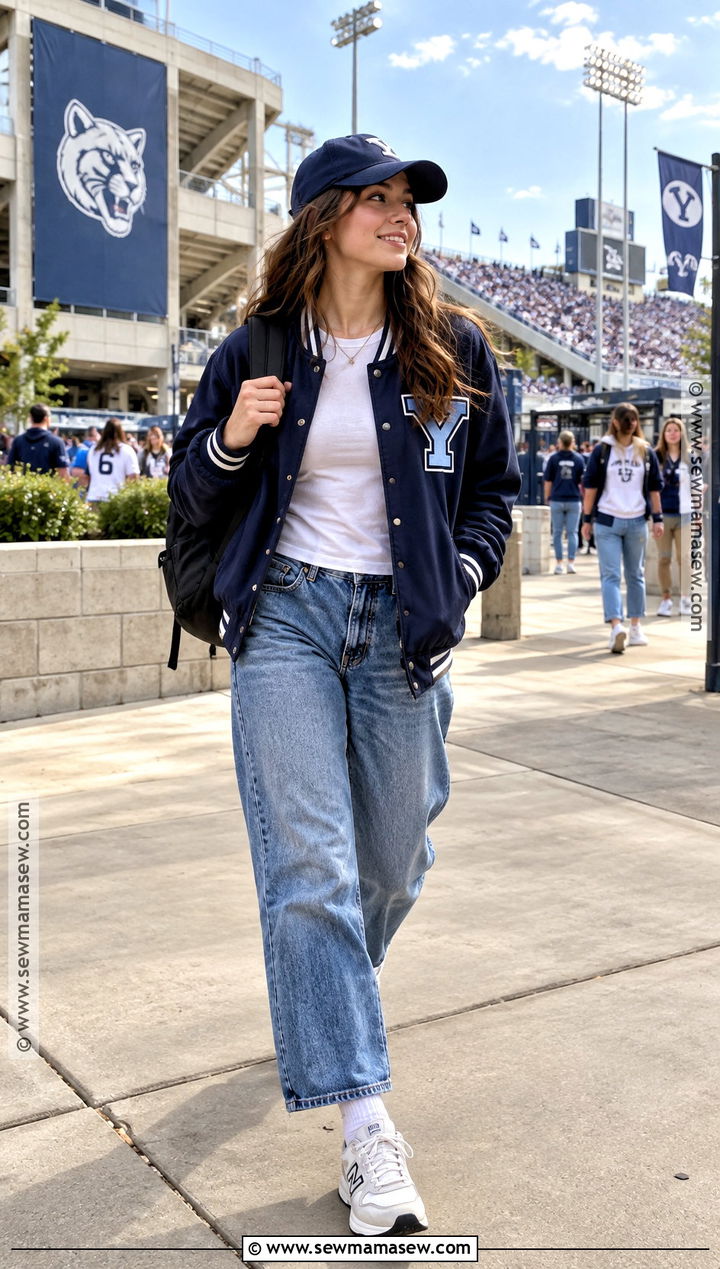 College Fall Outfit With Varsity Jacket And Jeans - 25 Fall Outfits College