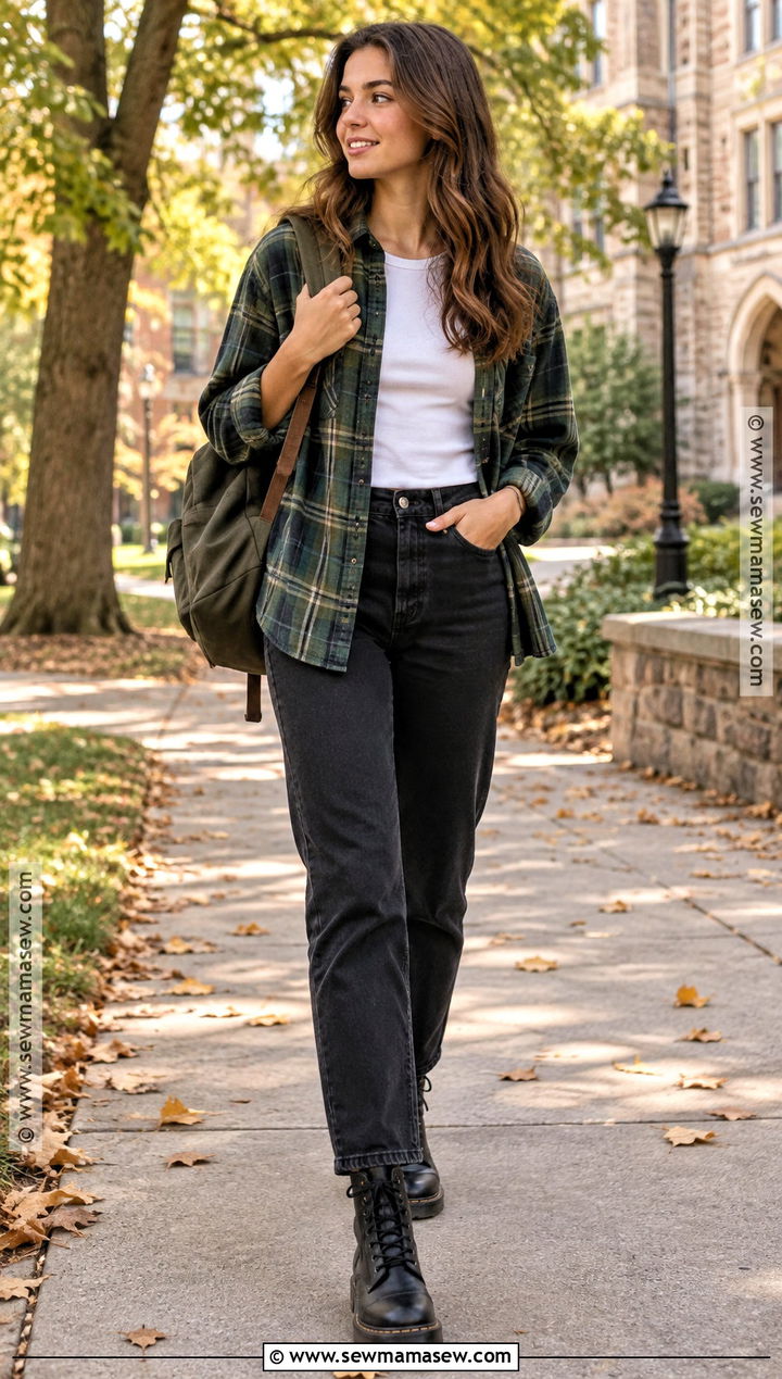 College Flannel Shirt And Black Jeans Outfit - 25 Back To School Outfits College