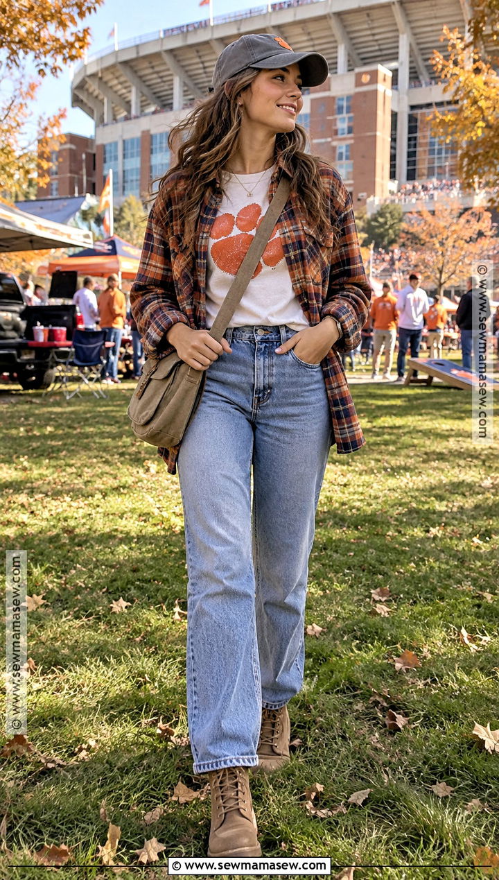 College Gameday Flannel With Team T Shirt - 20 Fall Gameday Outfit College Ideas
