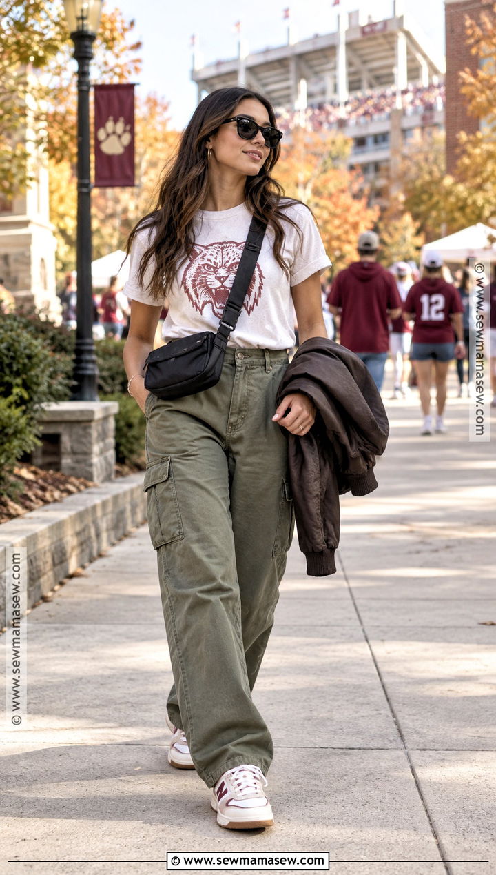 College Gameday Graphic Tee With Cargo Pants - 20 Fall Gameday Outfit College Ideas
