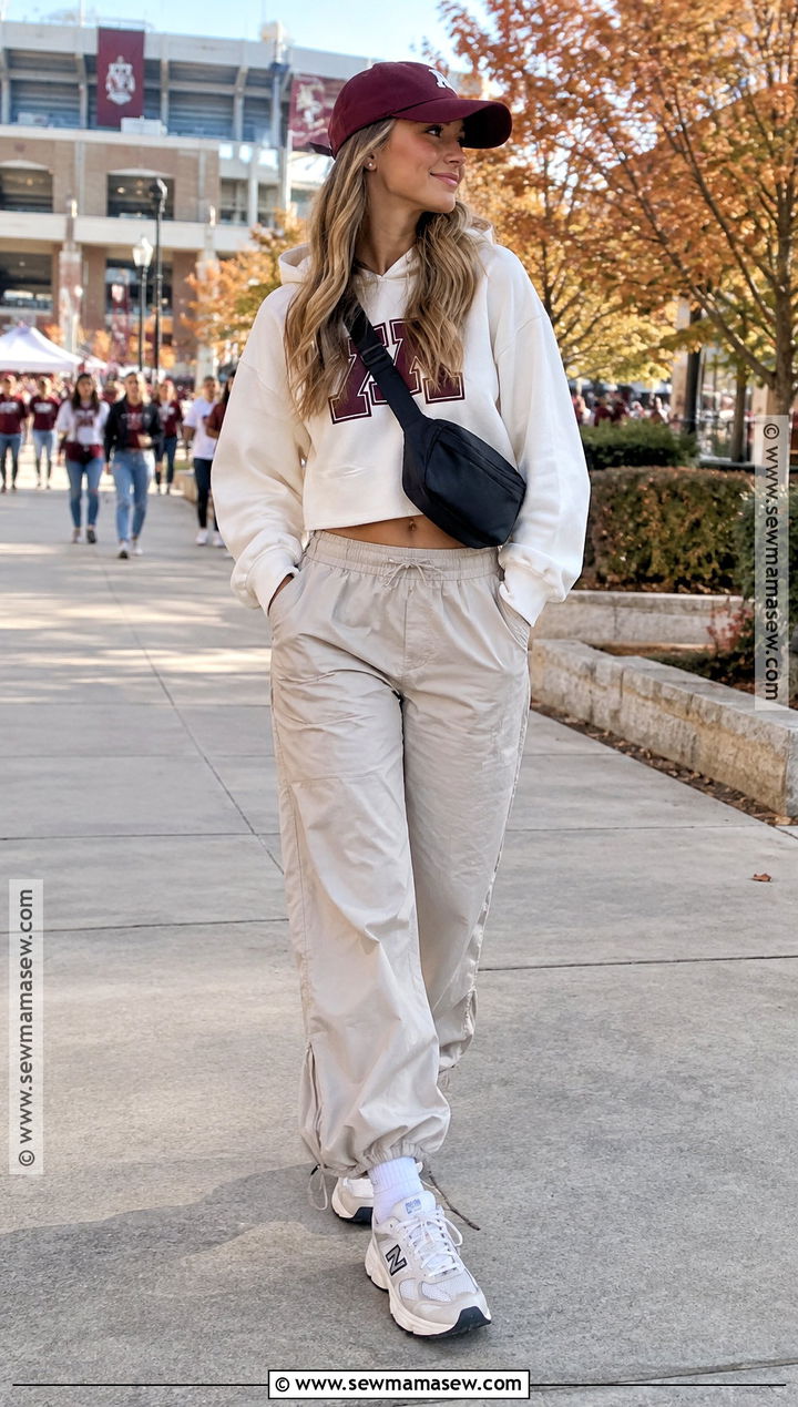 College Gameday Hoodie With Parachute Pants - 20 Fall Gameday Outfit College Ideas