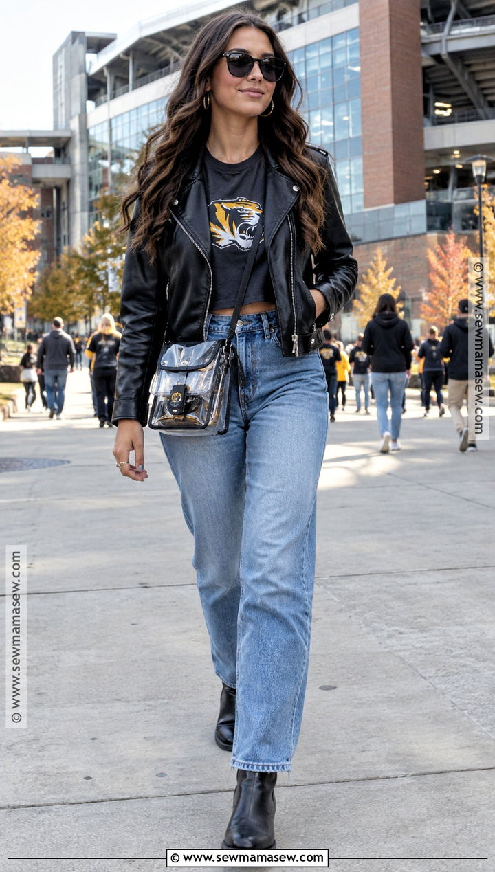 College Gameday Leather Jacket With Team Tee - 20 Fall Gameday Outfit College Ideas