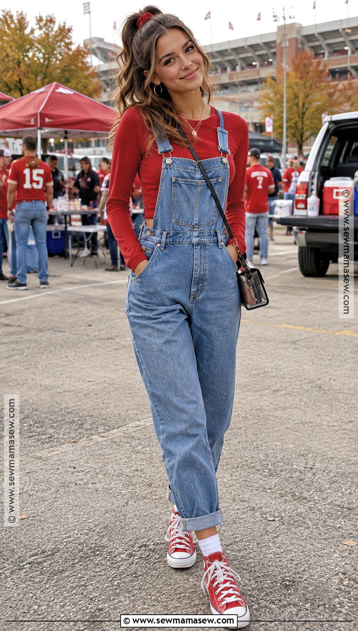College Gameday Overalls With Fitted Long Sleeve Top - 20 Fall Gameday Outfit College Ideas