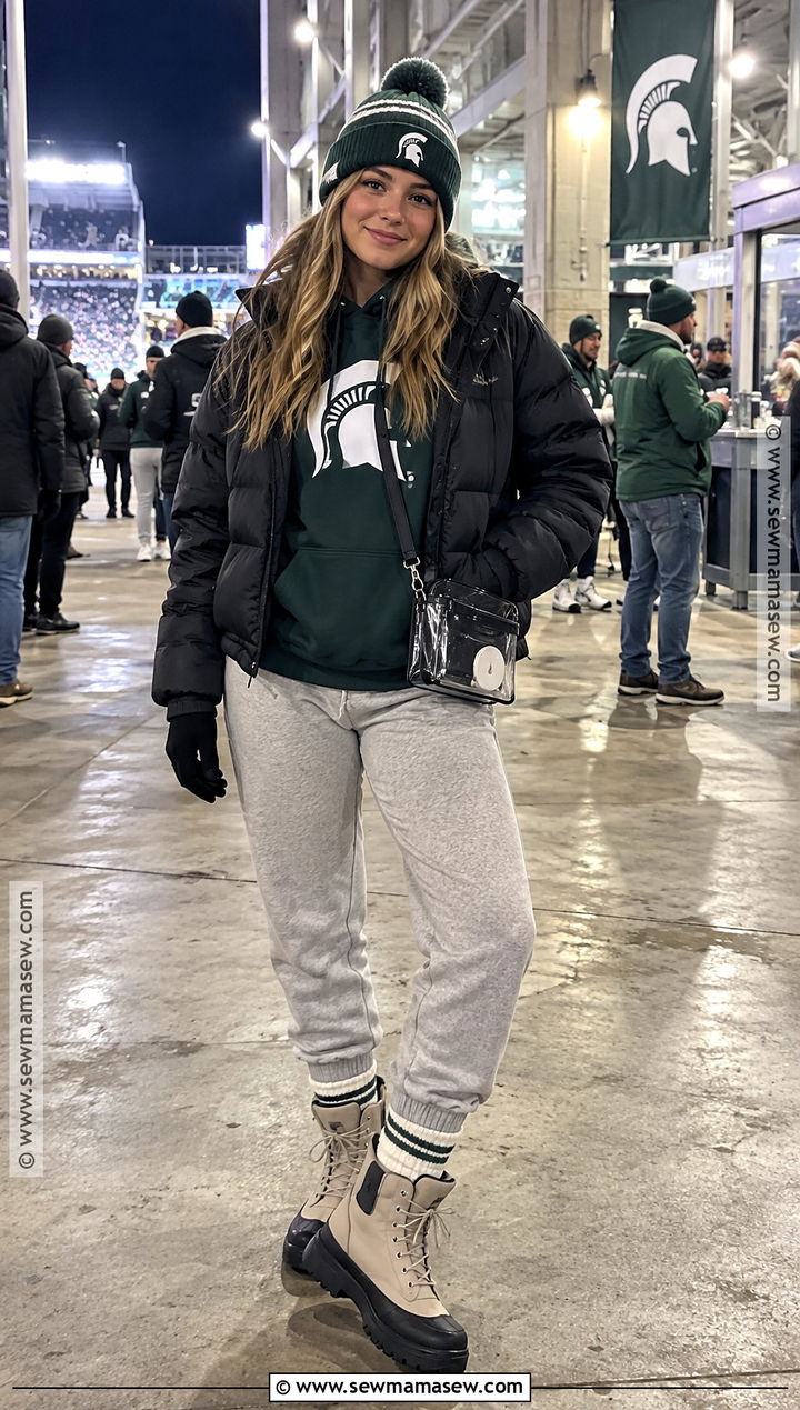 College Gameday Puffer Jacket With Joggers - 20 Fall Gameday Outfit College Ideas