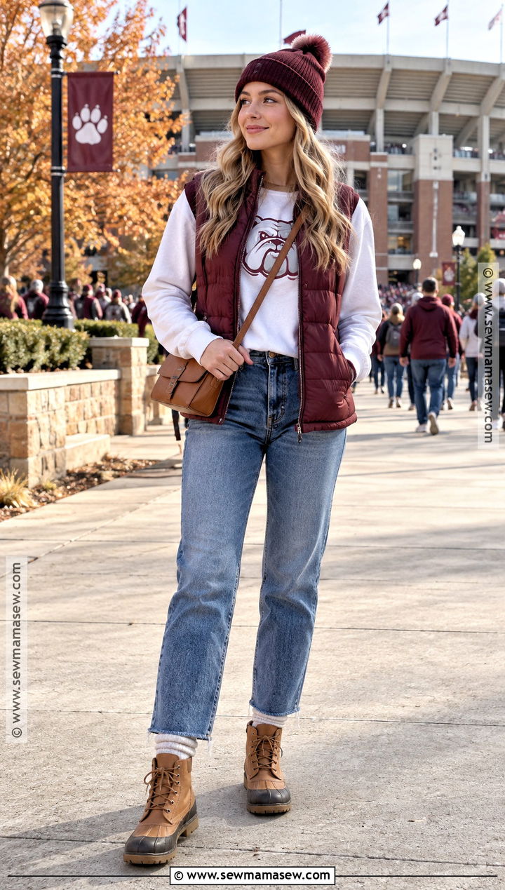 College Gameday Puffer Vest With Jeans - 20 Fall Gameday Outfit College Ideas