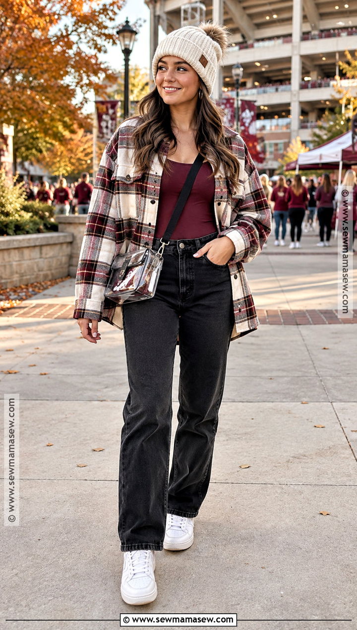 College Gameday Shacket With Black Denim - 20 Fall Gameday Outfit College Ideas