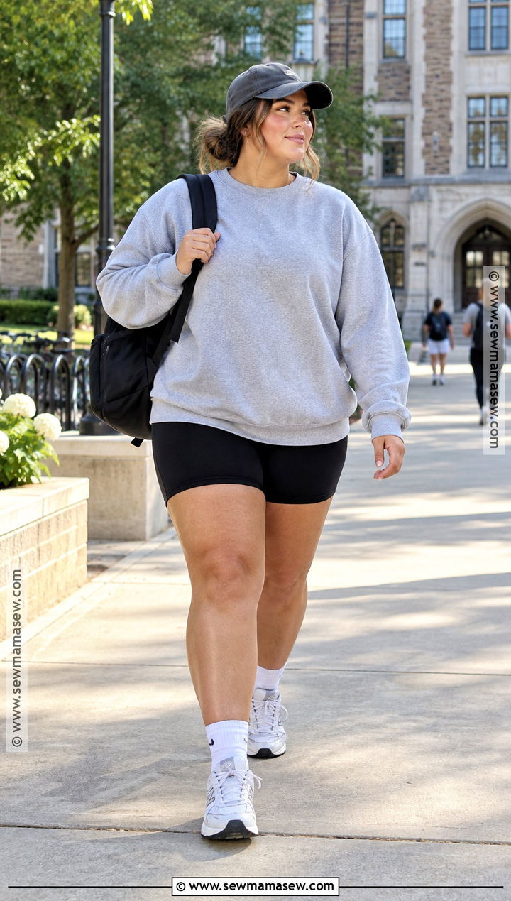 College Graphic Sweatshirt And Biker Shorts Outfit - 25 Back To School Outfits College