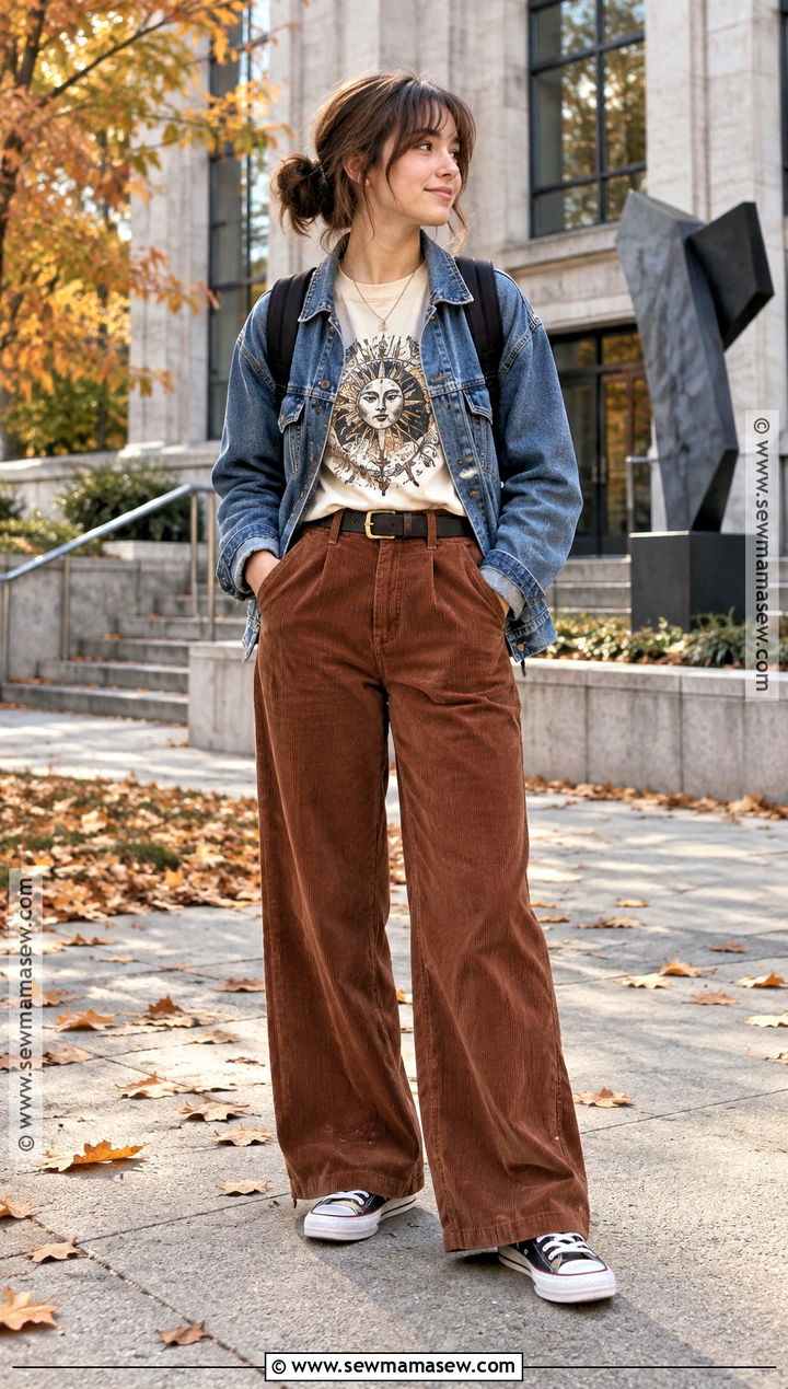 College Graphic Tee And Corduroy Pants Outfit - 20 fall school outfits college