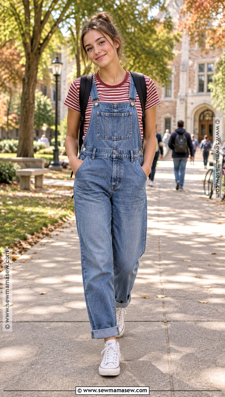 College Overalls And Fitted T Shirt Outfit - 25 Back To School Outfits College