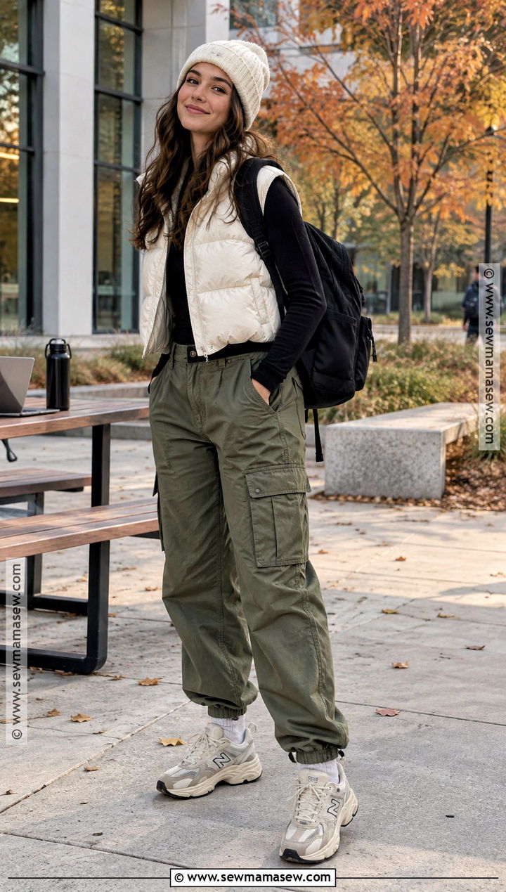 College Puffer Vest And Cargo Pants Outfit - 20 fall school outfits college