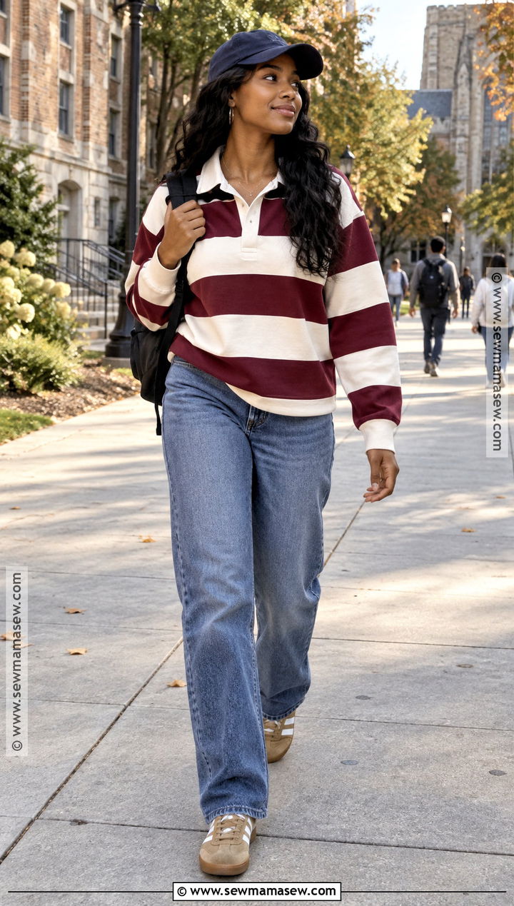 College Rugby Shirt And Straight Leg Jeans Outfit - 25 Back To School Outfits College