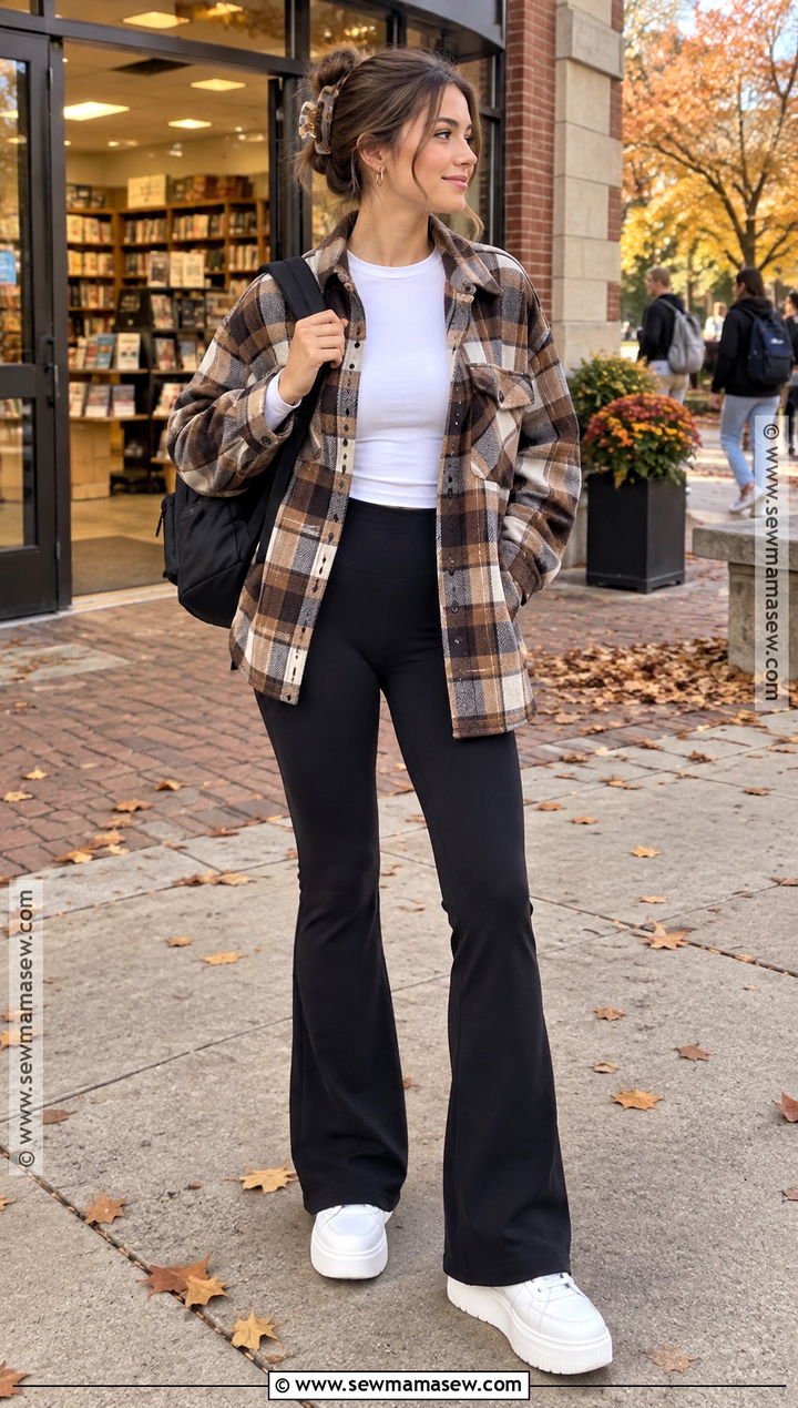 College Shacket And Flare Leggings Outfit - 20 fall school outfits college