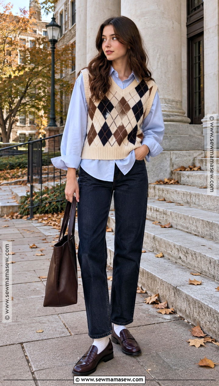College Sweater Vest And Button Down Outfit - 20 fall school outfits college