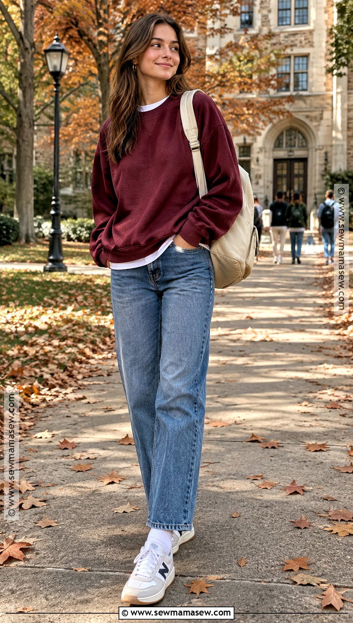 College Sweatshirt And Straight Leg Jeans Outfit - 20 fall school outfits college