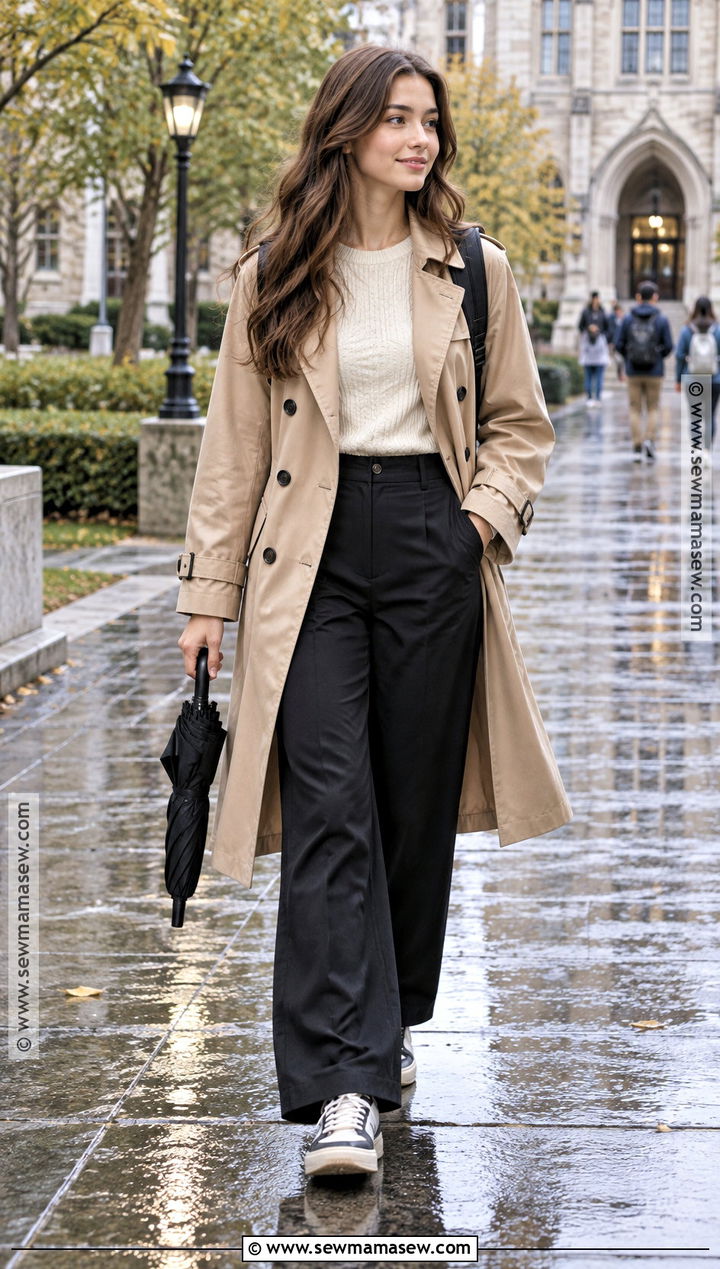 College Trench Coat And Wide Leg Trousers Outfit - 25 Back To School Outfits College