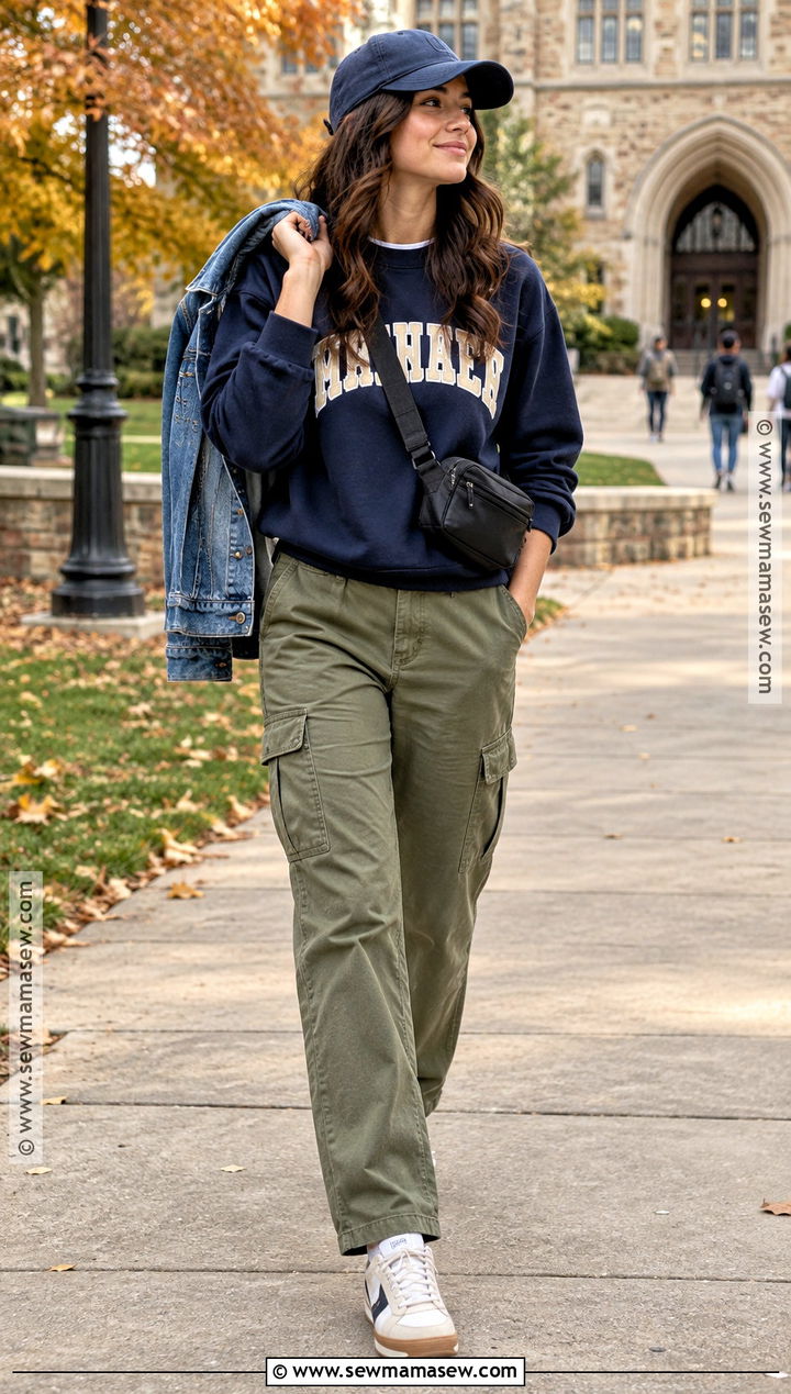 Collegiate Crewneck Sweatshirt With Cargo Pants - 20 fall crewneck sweatshirt ideas