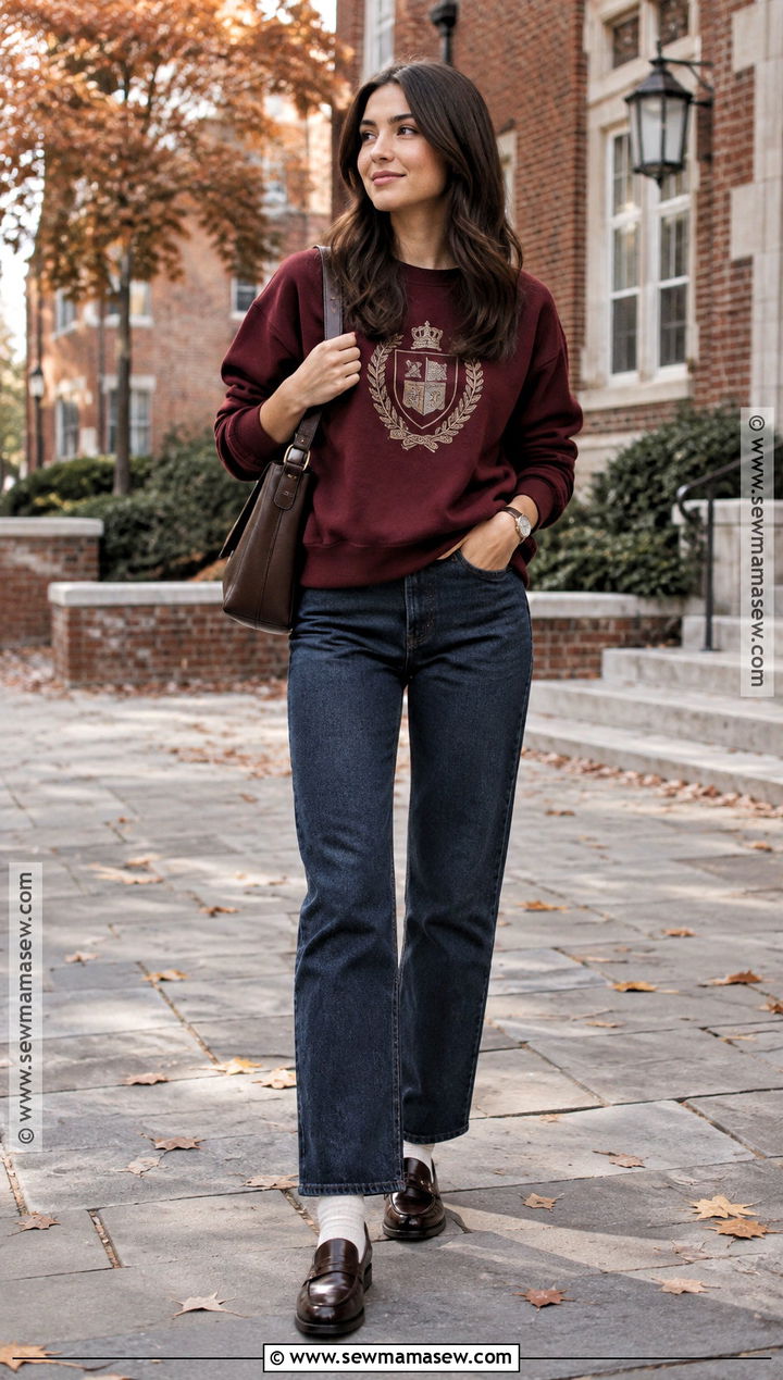 Collegiate Graphic Sweatshirt With Straight Leg Jeans - 15 fall graphic sweatshirt ideas